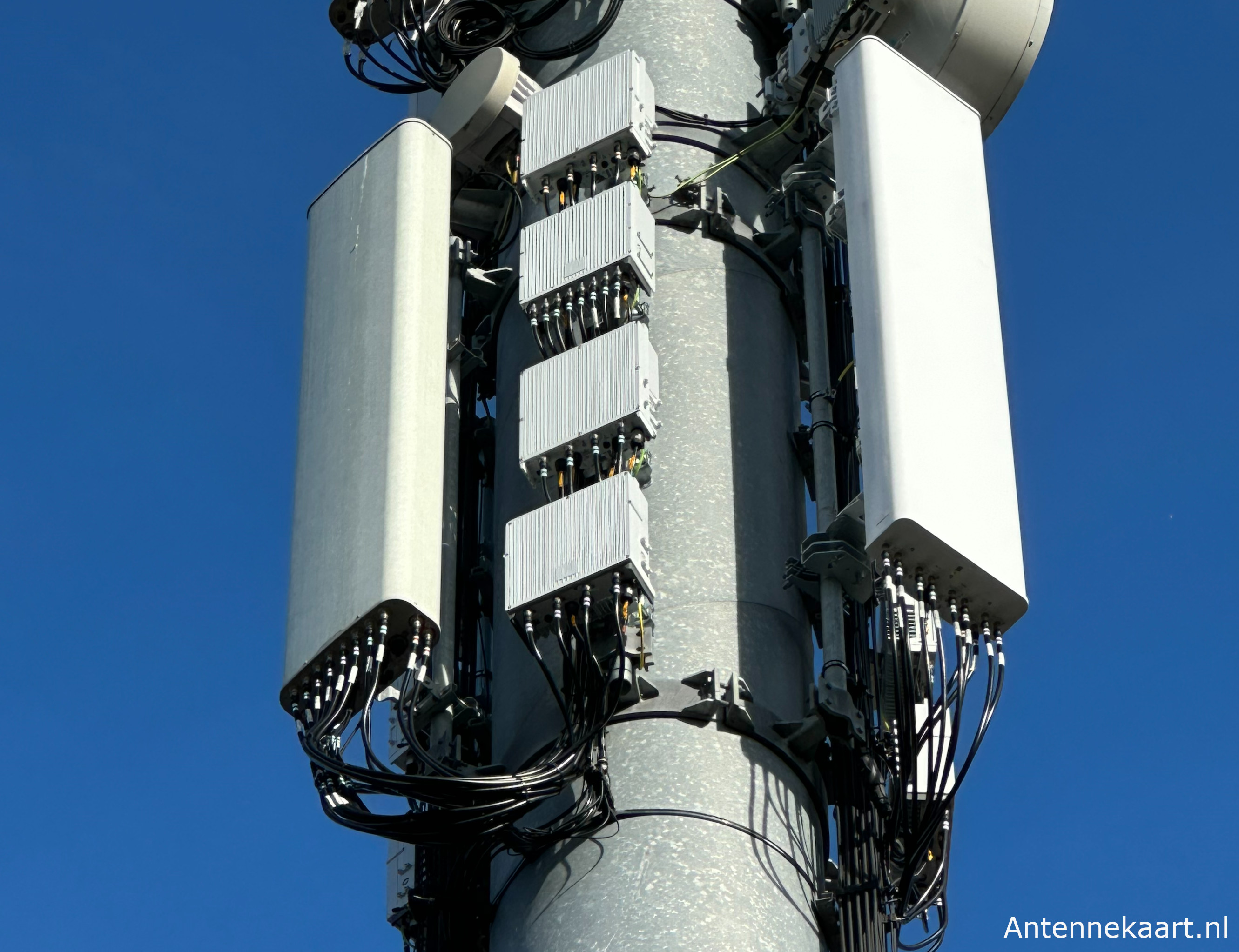 Een moderne Odido Ericsson site. Rechts hangt een AIR6418. Links hangt een passieve 2L4H antenne. De RRU's zijn van boven naar beneden: Radio 4486 (4T4R 700/800/900MHz), Radio 8863 (8T8R 3500MHz), Radio 4490 (4T4R 1800/2100MHz), Radio 4020 (4T0R 1400MHz).